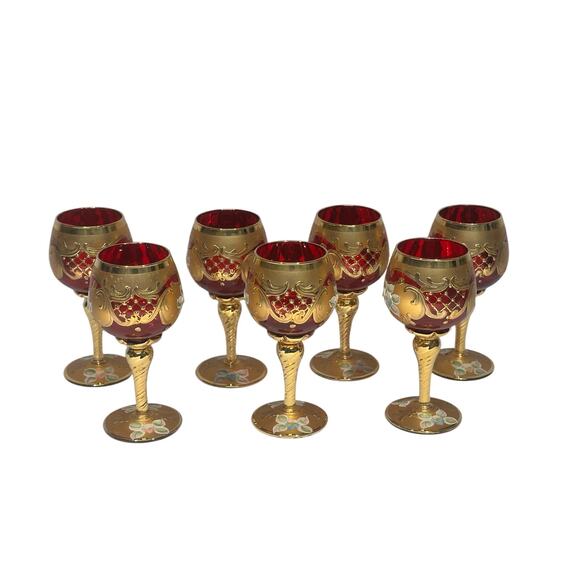 Tre Fuochi Murano Ruby Red Hand Painted Enamel 24KT Gold Overlay Stemware Set-7 - Picture 3 of 10